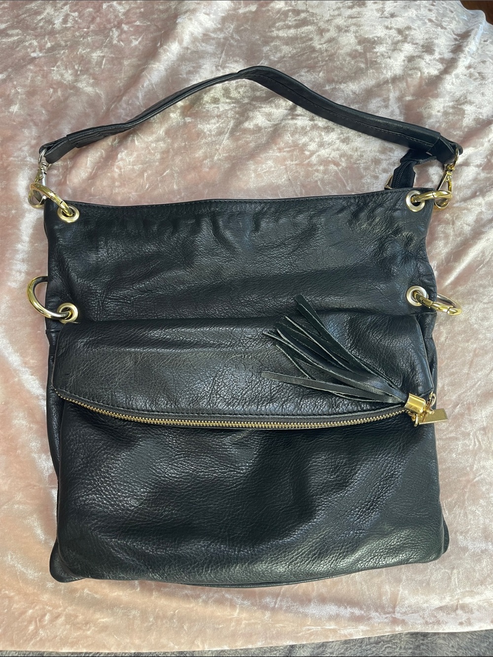 Vera Pelle Black Genuine Leather Shoulder Bag with Tassel and Gold Hardware